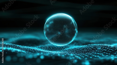 A glowing sphere amidst a network of digital particles.