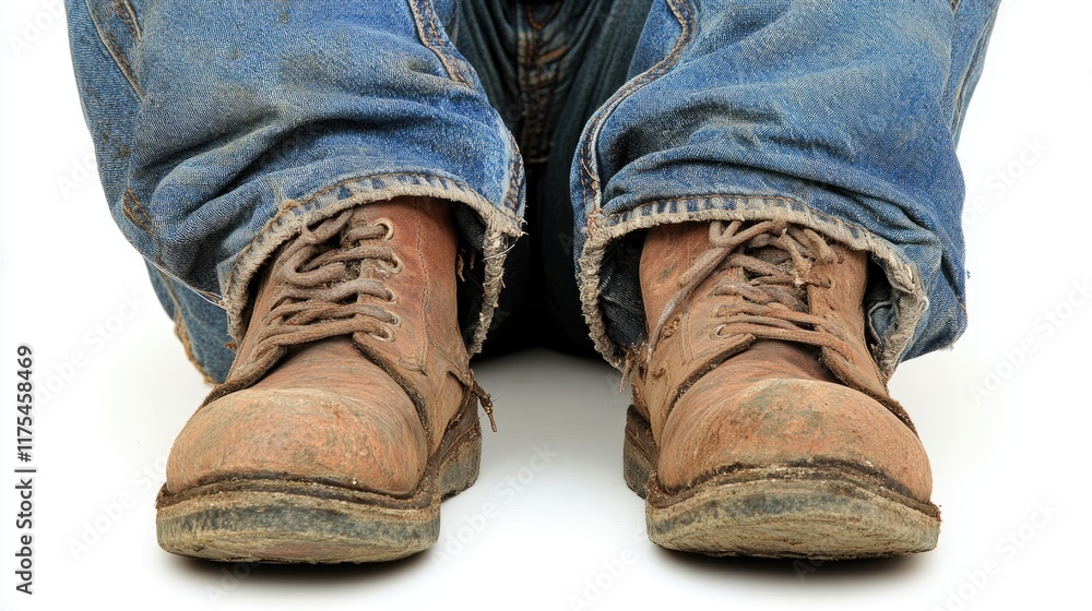 Close-up of worn work boots and jeans. Ideal for showcasing ruggedness, durability, or a hardworking lifestyle. Suitable for ads, blogs, or social media. Close-up of worn work boots and jeans. Ideal for showcasing ruggedness, durability, or a hardworking lifestyle. Suitable for ads, blogs, or social media.