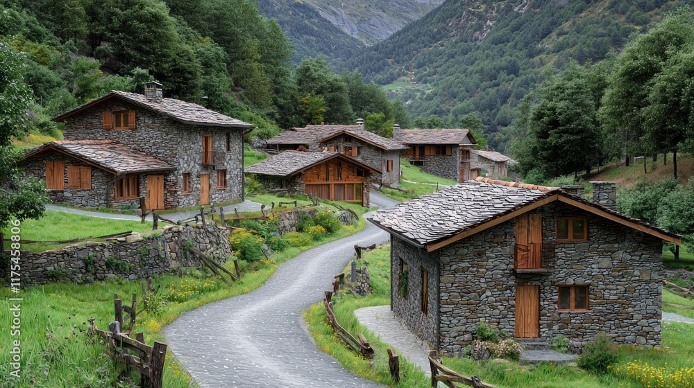 Scenic village with stone houses nestled in a lush valley. Scenic village with stone houses nestled in a lush valley.