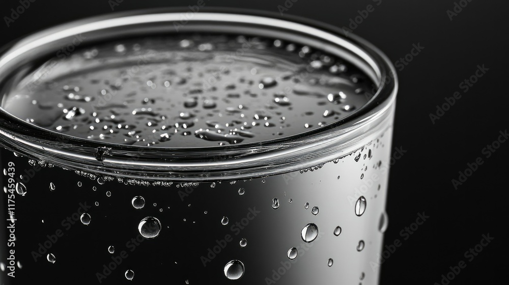 Droplets of water on the side of a glass container, set against a black background with soft white lighting creating shadows. Droplets of water on the side of a glass container, set against a black background with soft white lighting creating shadows.