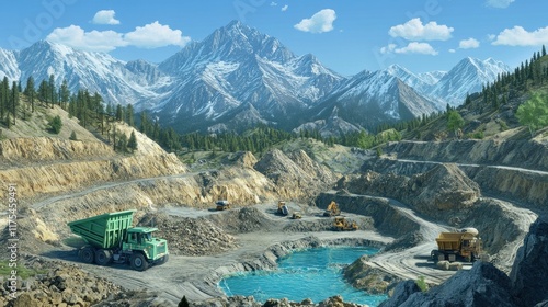 Mountaintop quarry, heavy machinery, blue water.