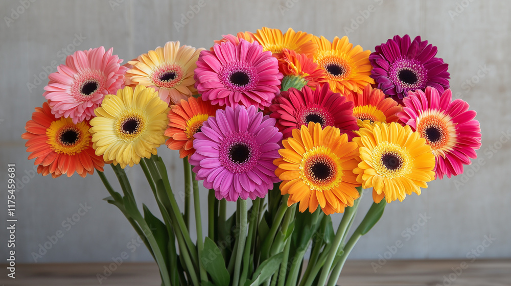 A vibrant bouquet of colorful gerbera daisies in a vase against a light wooden background A vibrant bouquet of colorful gerbera daisies in a vase against a light wooden background