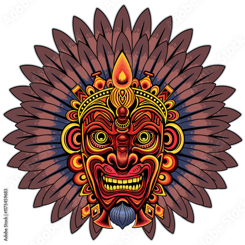 Tribal Warrior King Mask surrounded by a Feathers crown ritual ornamental apparel vector illustration isolated on white
