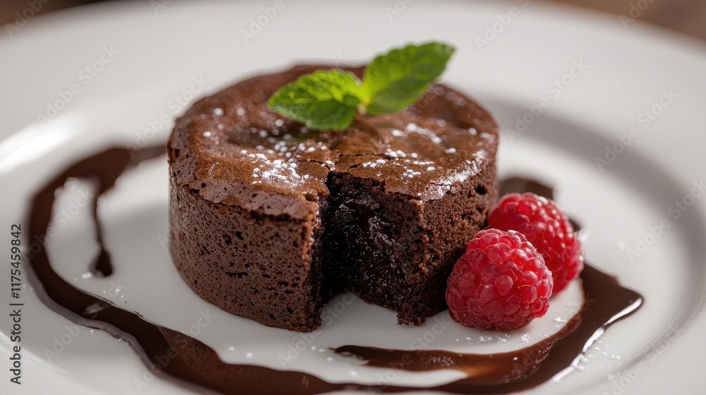 Close-Up of Warm Chocolate Brownie with Raspberries and Cream on a White Plate Close-Up of Warm Chocolate Brownie with Raspberries and Cream on a White Plate