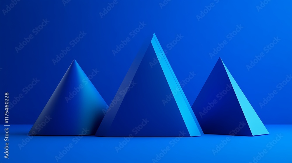 Abstract 3D triangular forms hovering over a textured royal blue gradient Abstract 3D triangular forms hovering over a textured royal blue gradient