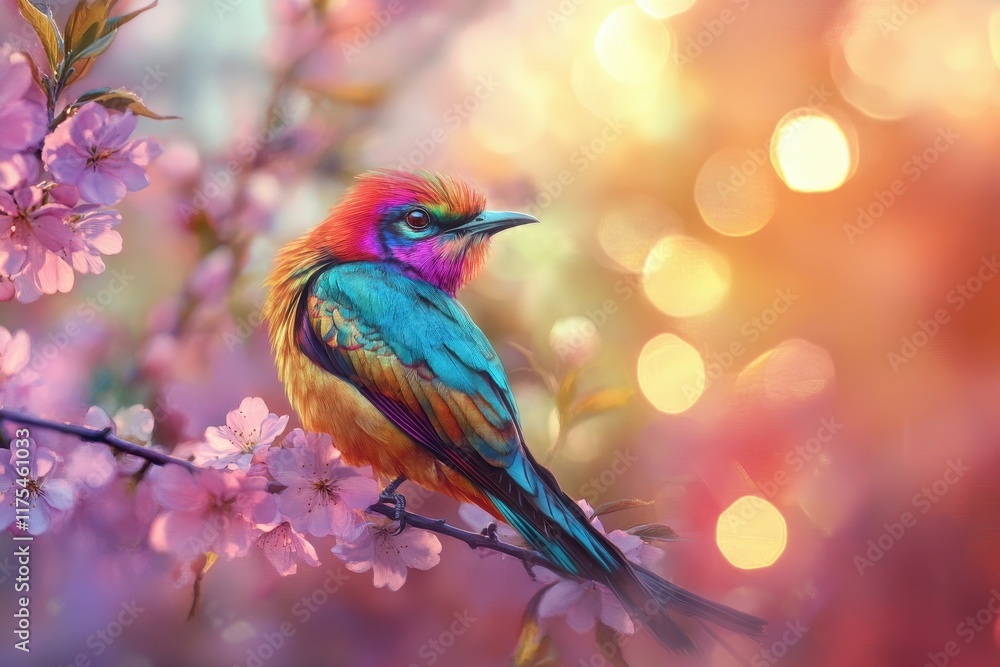 Fototapeta premium Vibrant Rainbow Bird Perched On Blossoming Branches