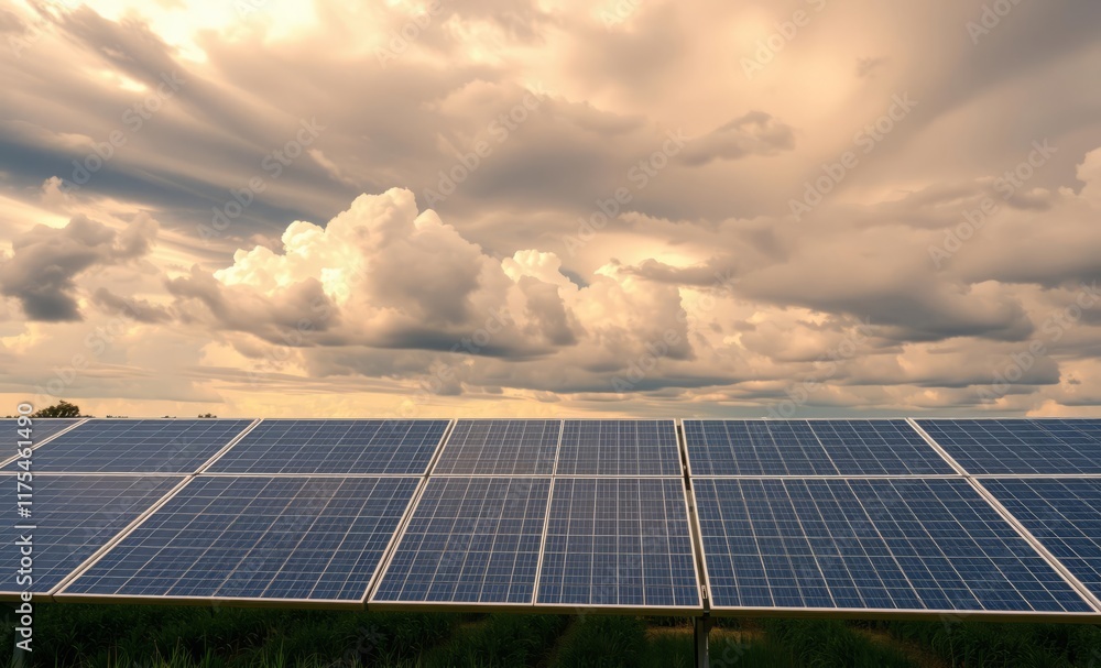 A solar panel array is in a field with a cloudy sky in the background innovative solar panel innovation power electricity energy technology panel renewable A solar panel array is in a field with a cloudy sky in the background innovative solar panel innovation power electricity energy technology panel renewable