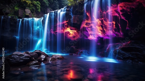 Wallpaper Mural Vibrant, colorful waterfall cascading over rocks into a pool at night. Torontodigital.ca