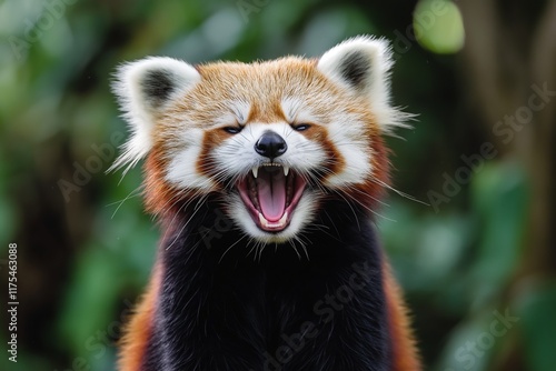 A playful red panda beams with a charming grin, nestled among vibrant foliage in its natural habitat. photo