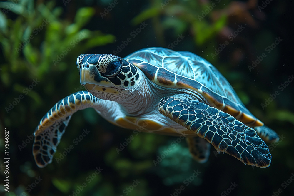 Fototapeta premium Juvenile Sea Turtle Swimming Underwater Gracefully
