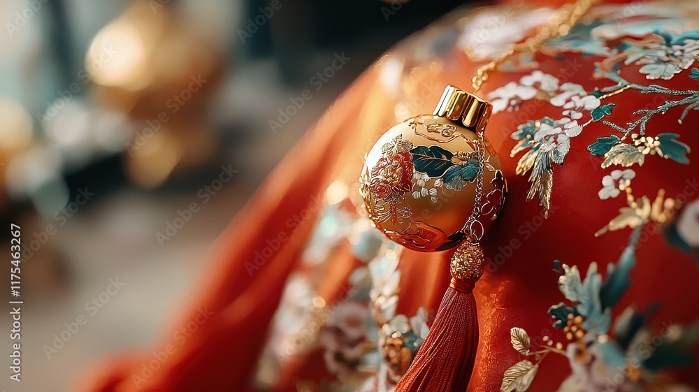 Fototapeta premium Close-up of a golden tassel attached to a red silk sash, intricate knotting visible in high resolution, traditional festive decor.