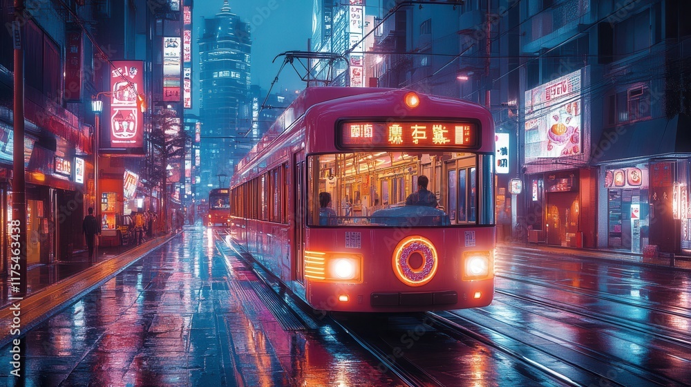 Neon Ice Cream Delight, a vibrant ice cream truck, colorful pop art donut, futuristic streetcar in a bustling Tokyo scene Neon Ice Cream Delight, a vibrant ice cream truck, colorful pop art donut, futuristic streetcar in a bustling Tokyo scene