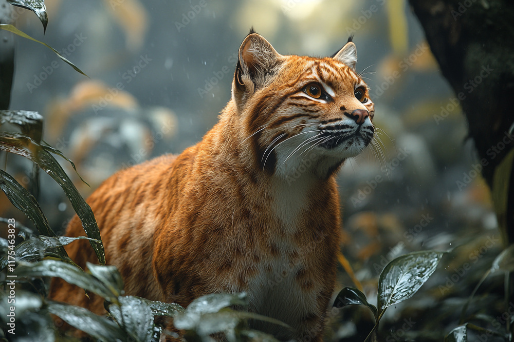 Obraz premium Rusty coated bobcat in rainforest during rainfall