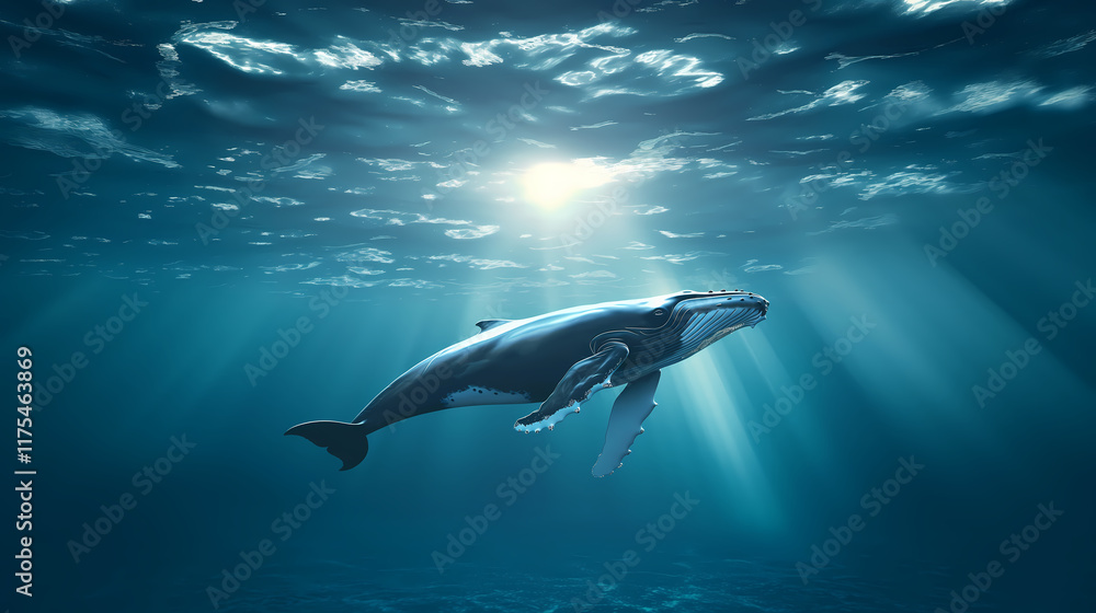 Fototapeta premium Humpback whale illuminated by light underwater