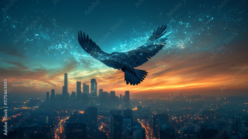 Obraz premium Majestic Eagle Soaring Above City Skyline at Dusk with Light Effects