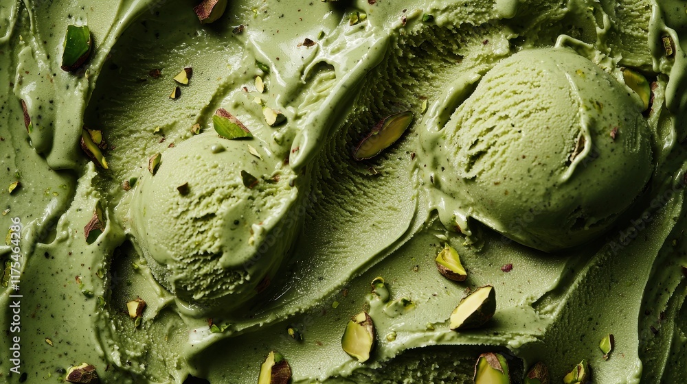 Obraz premium Creamy Close-Up of Rich Pistachio Ice Cream with Nut Garnish in High-Resolution Detail