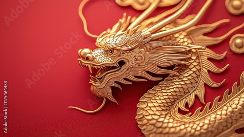 Macro shot of a dragon pattern embossed in gold on a red lacquered surface, glowing softly under warm light, intricate detail. photo