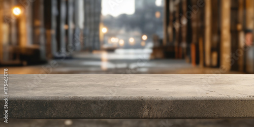 A concrete tabletop in sharp focus positioned in the foreground against a blurred industrial scene, showcasing texture contrasts and urban versatility of materials.