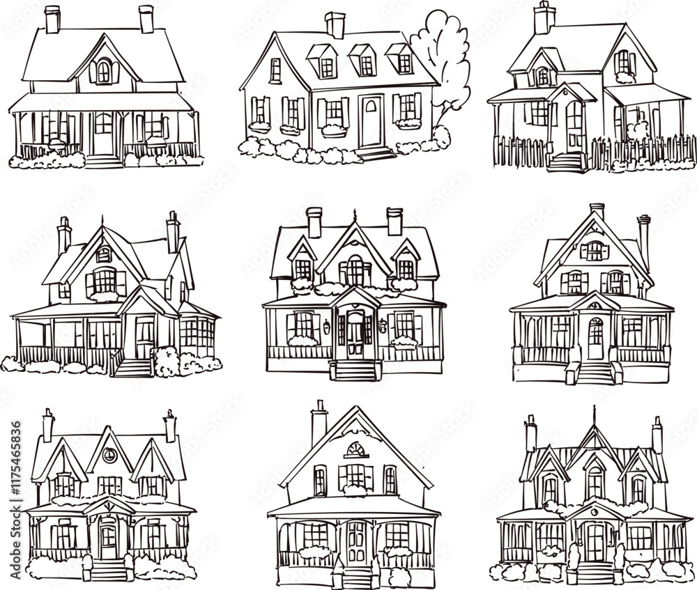 Obraz premium vector sketch of wooden and brick houses