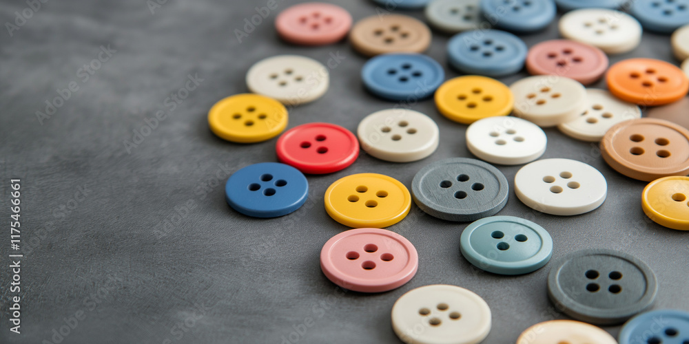 A variety of colorful buttons scattered across a textured fabric background, representing creativity, individuality, and the diverse possibilities of tailoring and design. A variety of colorful buttons scattered across a textured fabric background, representing creativity, individuality, and the diverse possibilities of tailoring and design.