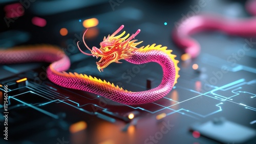 Abstract depiction of a Chinese dragon weaving through futuristic glowing circuits, holographic neon style, high-tech celebration of tradition. photo