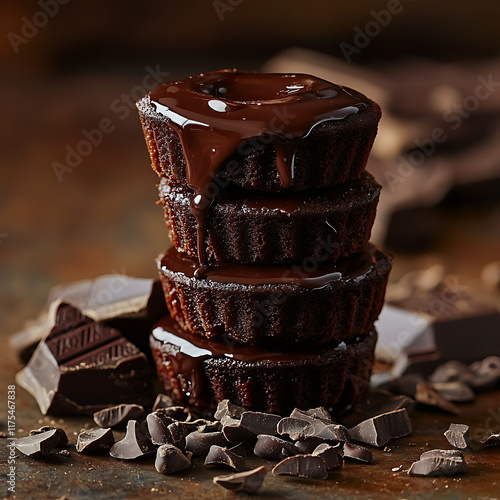 tack of miniature chocolate cakes drizzled with dark chocolate syrup, surrounded by pieces of chocolate and cacao nibs photo