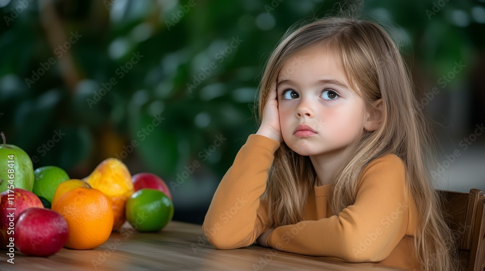 Thoughtful child sitting at table with colorful fruits Thoughtful child sitting at table with colorful fruits