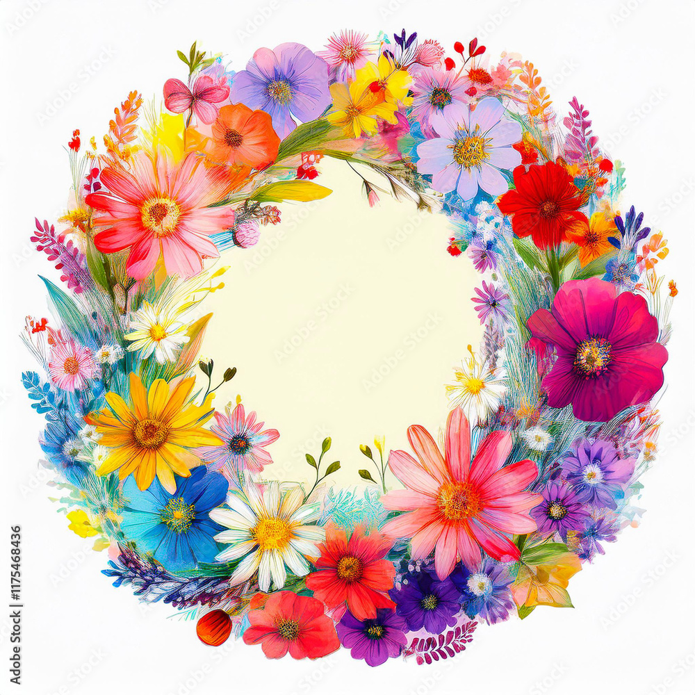 Spring floral round frame with copy space made of multicolored different wild flowers in rai Spring floral round frame with copy space made of multicolored different wild flowers in rai