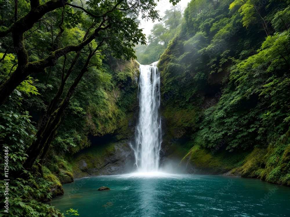 Fototapeta premium A majestic waterfall in the middle of a lush rainforest. The water cascades down a mossy cliff into a natural pool, surrounded by tall trees with dark green leaves. The air feels humid and full of lif