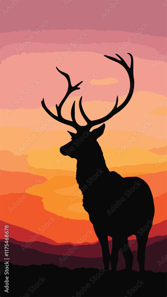 Majestic Stag Silhouette at Sunset 2D Vector Illustration