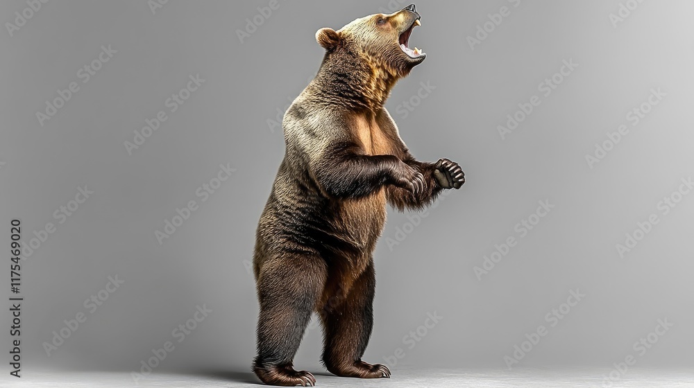 A roaring brown bear standing on its hind legs. Ideal for wildlife documentaries, educational materials, or designs featuring powerful animals. A roaring brown bear standing on its hind legs. Ideal for wildlife documentaries, educational materials, or designs featuring powerful animals.