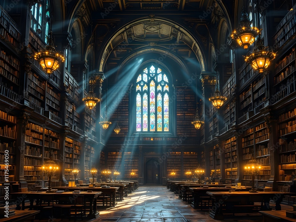 Fototapeta premium A huge, ancient library with dark wooden shelves filled with dusty books