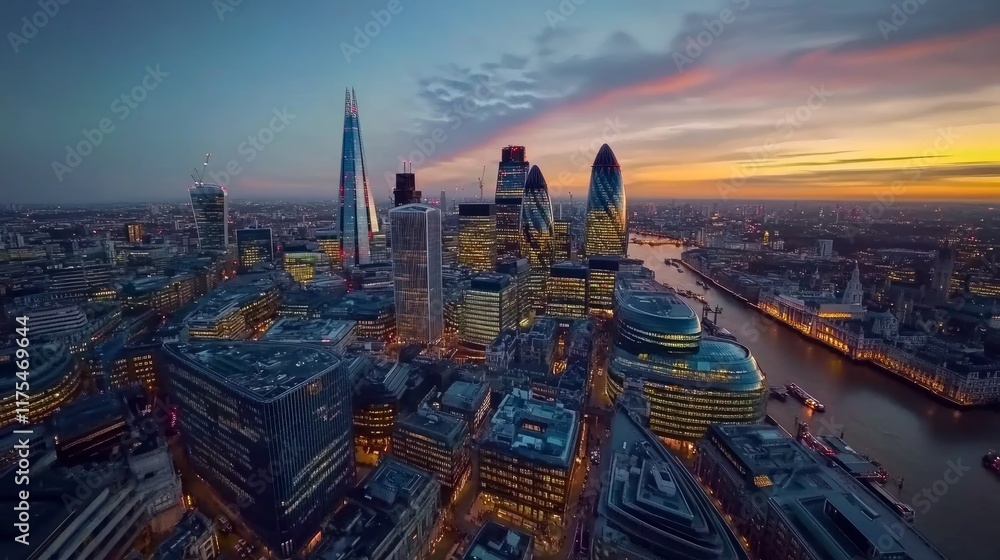 Obraz premium City skyline with skyscrapers, river, illuminated at dusk.