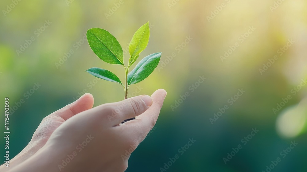 Hands gently holding small green plant with vibrant leaves, symbolizing growth Hands gently holding small green plant with vibrant leaves, symbolizing growth