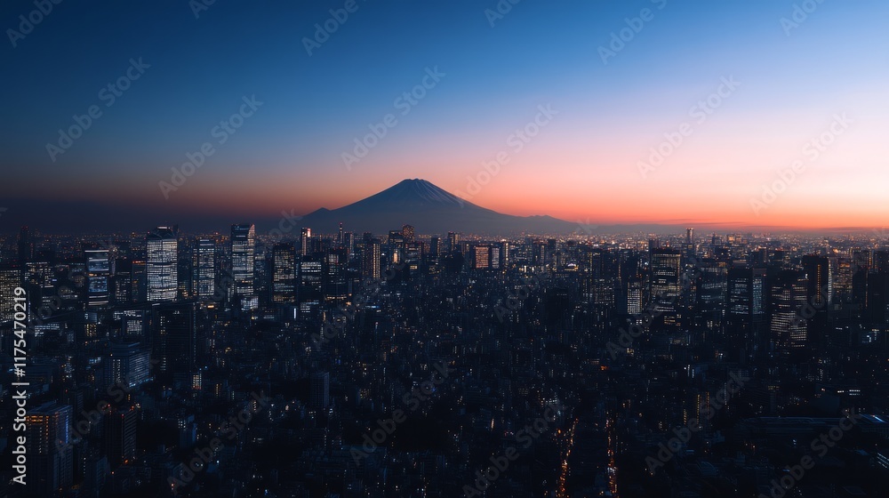 Fototapeta premium Cityscape at dusk with mountain.