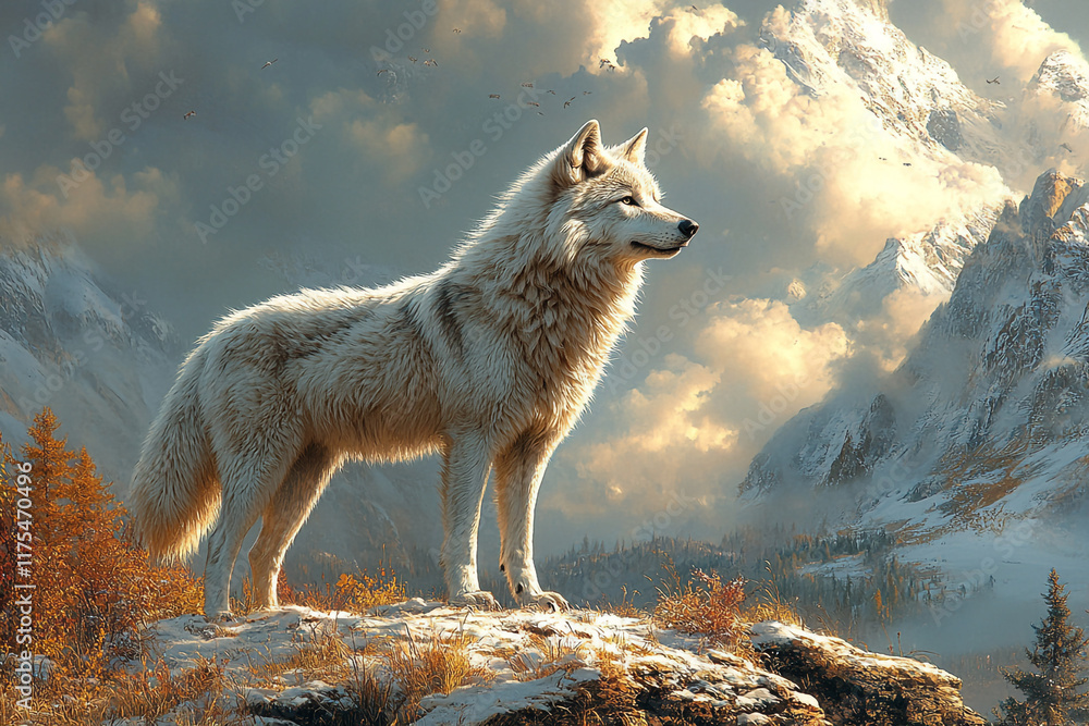 Fototapeta premium Majestic White Wolf Stands on Snowy Mountain Peak