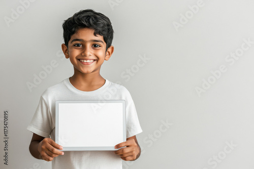 indian school boy holding laptop with blank screen photo