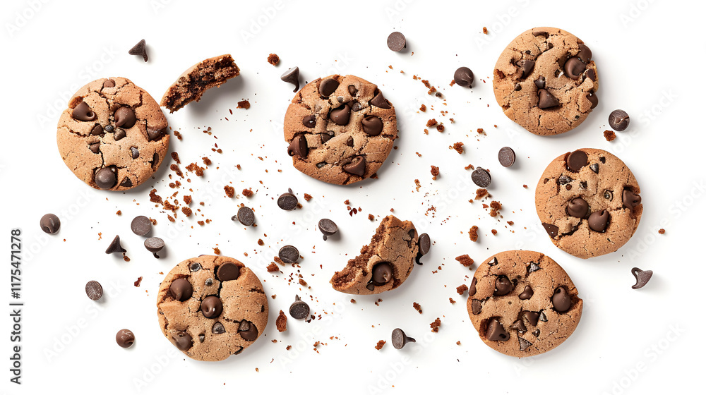 Chocolate chip cookies and crumbs isolated on white Chocolate chip cookies and crumbs isolated on white
