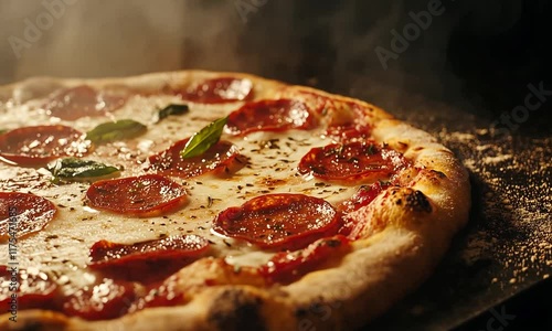 Delicious Wood-Fired Pepperoni Pizza Close-Up with Melting Cheese and Herbs in Rustic Setting