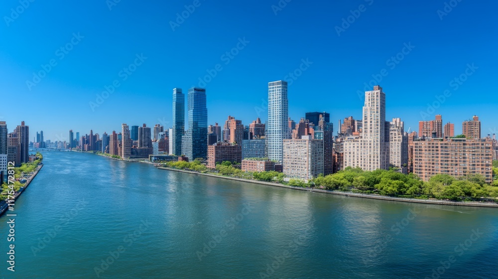Fototapeta premium Cityscape with river under clear sky.