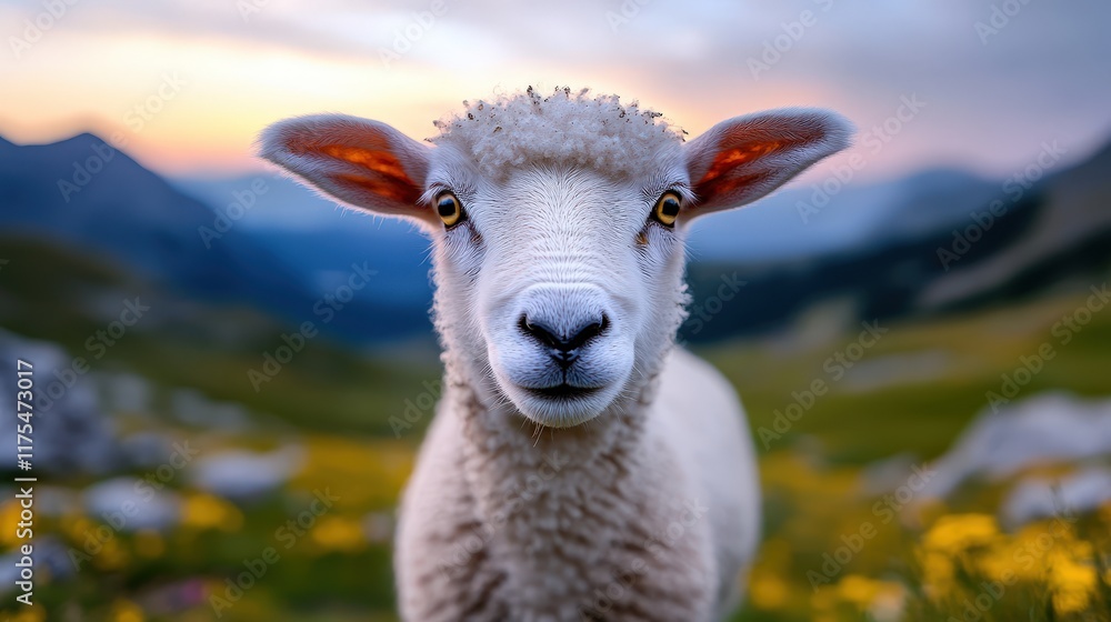 Fototapeta premium A charming sheep gazes directly at the camera against a stunning backdrop of mountains and wildflowers. Its inquisitive expression captivates the viewer, inviting connection.