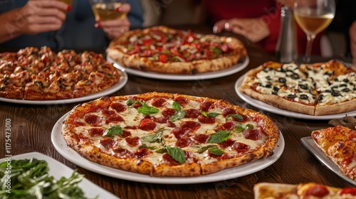Family Gathering Around a Table Enjoying a Delicious Dinner with Various Pizzas and a Warm Atmosphere
