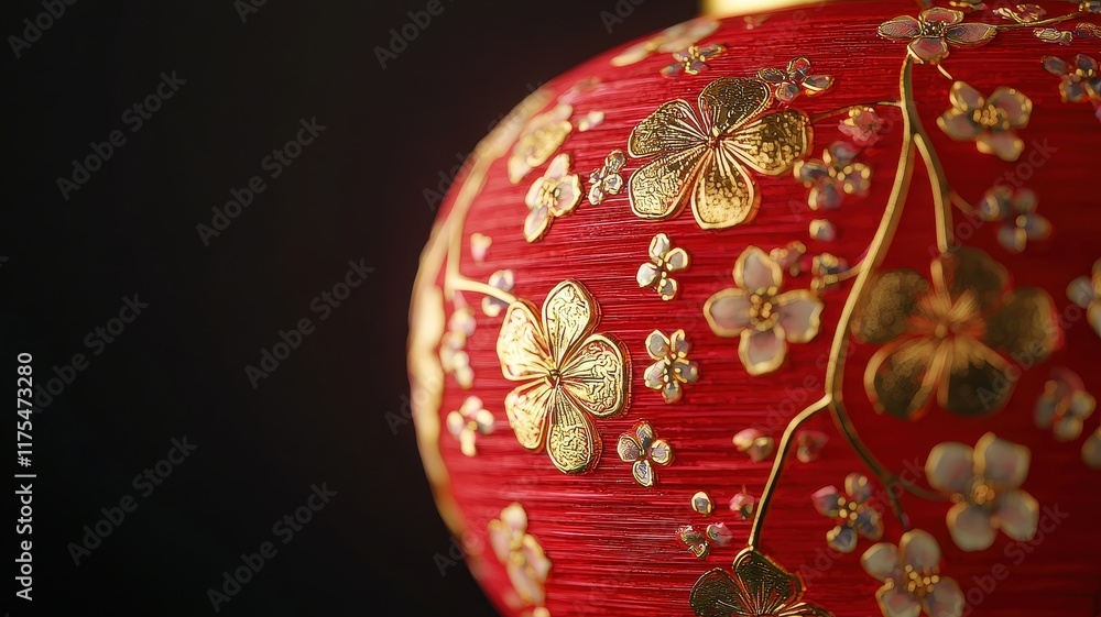 Fototapeta premium Close-up of a glowing red lantern with golden floral motifs, macro photography capturing the intricate design, vibrant and festive.