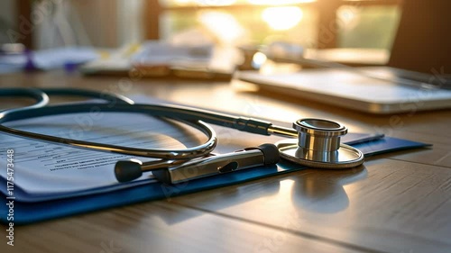 Stethoscope and clipboard on the doctor workplace