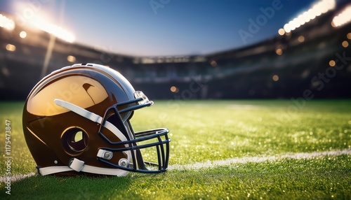 American football helmet on a grass pitch photo