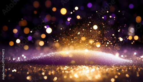 blurred history lighting summary defocused gold white purple and yellow glitters texture on black history shining glowing snow effects