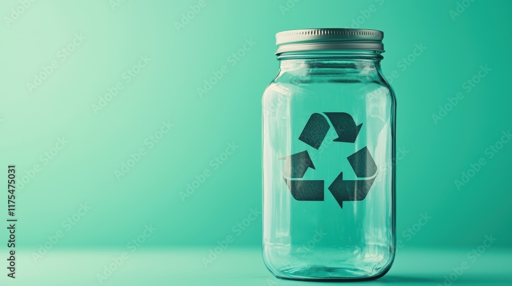 Glass jar with recycling symbol on green background, promoting sustainability Glass jar with recycling symbol on green background, promoting sustainability