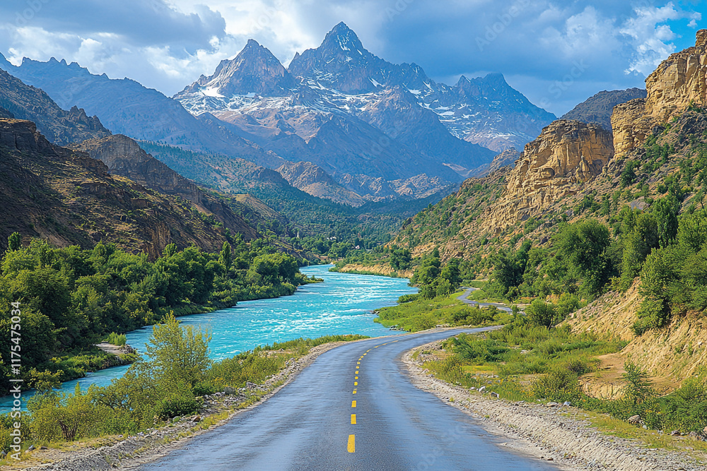 Fototapeta premium Scenic mountain road winds beside a turquoise river