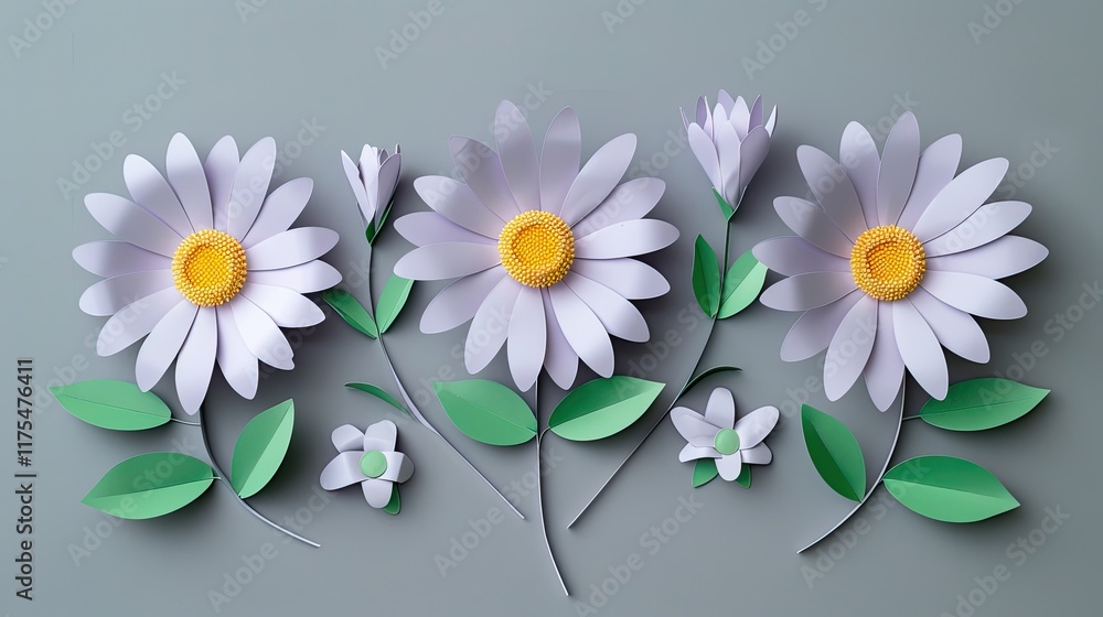 Obraz premium paper daisy flowers in a light purple color with yellow centers and green leaves on a gray background