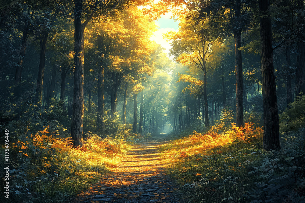Sunlit Autumn Path Through A Majestic Forest